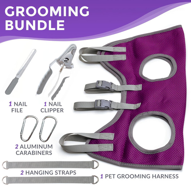 Dog Grooming Hammock - Pet Grooming Hammock With Nail Clippers For Dogs, Nail File, And Dog Bath Brush - Dog Hammock For Grooming With Strong Center Straps For Extra Security (M, Purple)