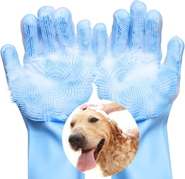Pet Grooming Gloves, Heat Resistant Cat Bathing Gloves With High-Density Teeth, Silicone Dog Bathing Gloves With Enhanced Five Finger Design, Bathing And Massaging For Dogs And Cats Blue