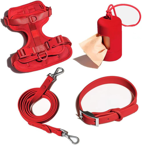 Dog Harness, Dog Collar And Leash Set With Dog Poop Bag Dispenser And Holder, Dog Training Vest Harness For Puppys, Medium And Large Dogs, Set For Dogs. Water-Resistant And Durable (Red, Large).