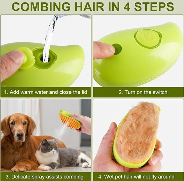 Steamy Pet Brush Grooming Tool For Shedding And Cleaning- Best Cat And Dog Silicone Hair Brush For Massage. Multifunctional And Rechargable (Green)