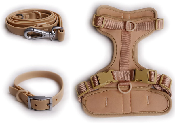 3 Pc Waterproof Dog Leash Collar & Harness Set - 2 Dog Leash Option Short Control Dog Leash For Training And Walking Large And Medium Dogs Strong And Durable Non-Irritating (Large, Nude)