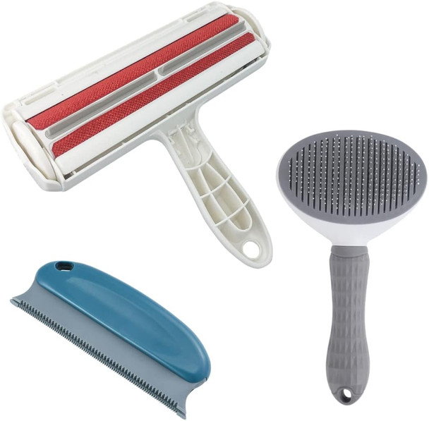 Pet Hair Removal Tool- 3 Pack Pet Lint Roller With Self Cleaning Brush & Multifunctional Cleaning Brush- Reusable Pet Hair Remover For Laundry, Furniture, Car & More- Fur Remover Tool For Dogs & Cats