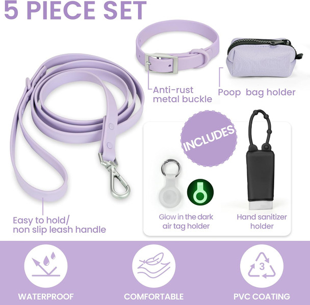 Waterproof Dog Collar And Leash Set, Adjustable, Odor Proof Pet Leashes Collars, 6Ft Dog Leash For Small, Medium, Large Dogs, Glow In The Dark Dog Air Tag Holder And Dog Poop Bag Holder (L, Lavender)