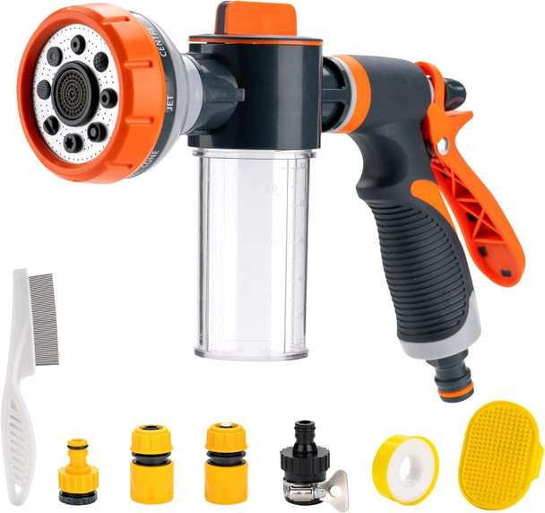 Pup Jet Dog Wash,Deluxe 8-Pattern Hose Attachment With Soap Dispenser Bottle, High Pressure Sprayer With Multiple Connectors, Suited For Cars, Pets, Lawn Care, Gardening, Vinyl Siding, Driveways