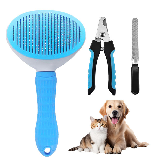 Cat Dog Grooming Hairbrush, Self-Cleaning Slicker Brush With Release Button, Massaging, Shedding For Pets, Removes Tangled & Loose Hair, Included Nail Clipper & File For Claw Grooming, Blue