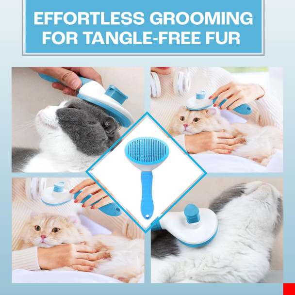 Cat Dog Grooming Hairbrush, Self-Cleaning Slicker Brush With Release Button, Massaging, Shedding For Pets, Removes Tangled & Loose Hair, Included Nail Clipper & File For Claw Grooming, Blue
