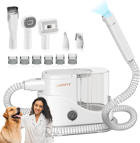 Uwant Dog Hair Vacuum & Dog Grooming Kit, 13K Pa Pet Vacuum, 84 Oz Capacity For Shedding Hair With 6 Pet Grooming Tools, Nail Grinder, P100, White And Gray