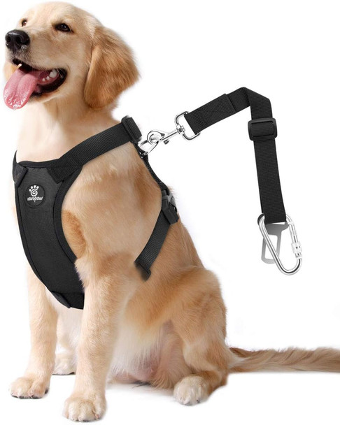 Dog Vehicle Safety Vest Harness, Adjustable Soft Padded Mesh Car Seat Belt Leash Harness With Travel Strap And Carabiner For Most Cars, Size Large, Black