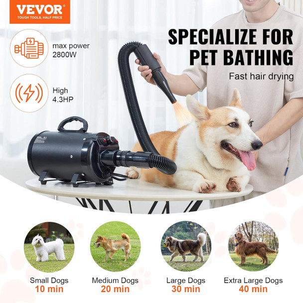 Vevor Dog Dryer, 2800W/4.3 Hp Dog Blow Dryer, Pet Grooming Dryer With Adjustable Speed And Temperature Control, Pet Hair Dryer With 4 Nozzles And Extendable Hose (Black)