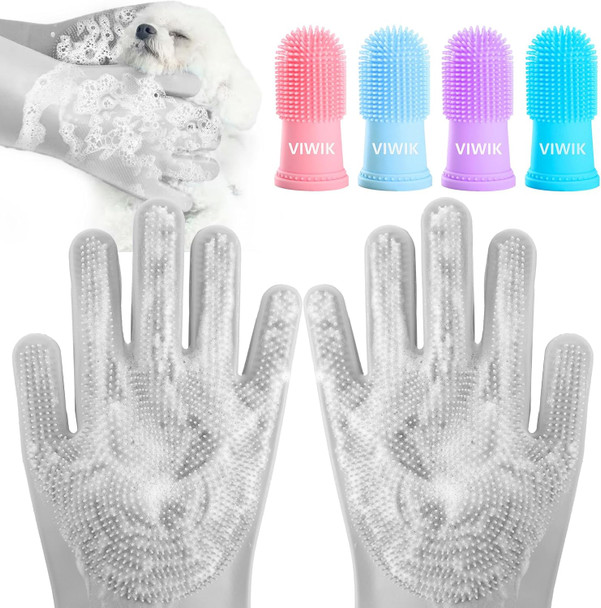 Dog Bath Gloves With 4Pack Dog Toothbrush, Dog Grooming Kit, Dog Finger Toothbrush For Small Breed, Medium Large Dogs, Silicone Dog Washing Gloves With High-Density Teeth, Grey