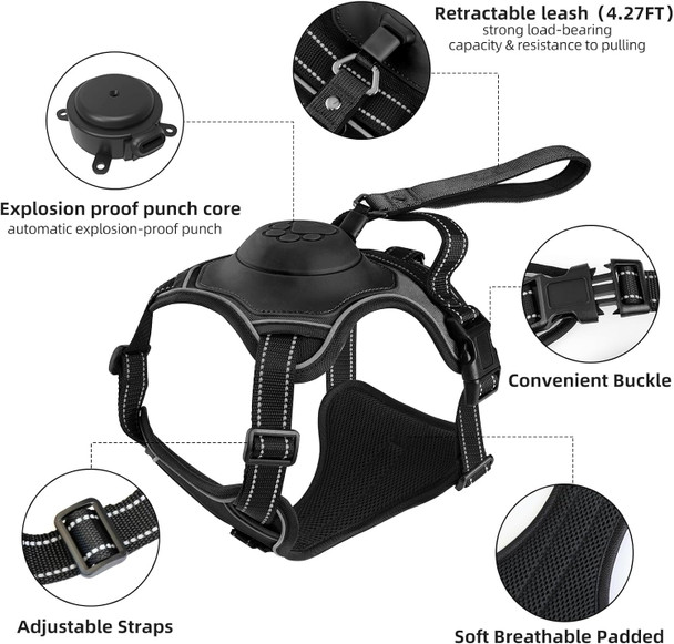 Dog Harness For Large Dogs No Pull With Leash, 2 In 1 Reflective No-Choke Pet Harness & Retractable Dog Leash, Adjustable Pet Harness With Breathable Vest For Medium Large Dogs (L-Black)