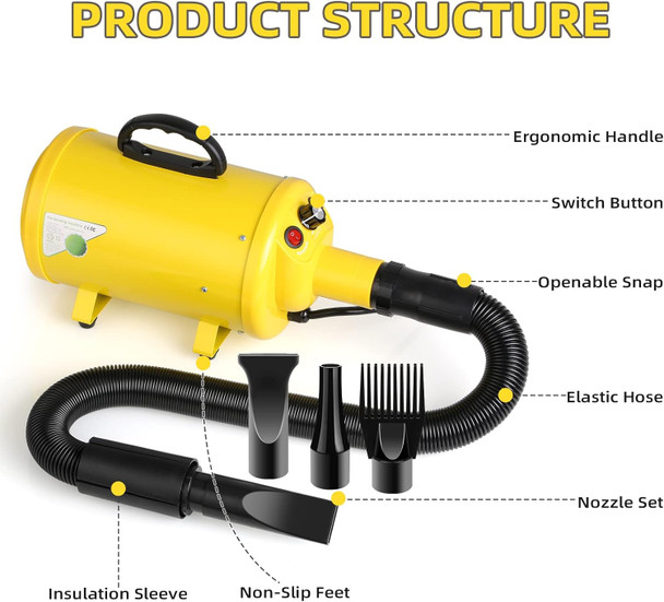 Dog Hair Dryer, 3.8Hp 2800W Pet Grooming Blower For Large Dogs Hair Force Blaster With Heat, Stepless Speed Adjustable Strong Power Wind, Yellow