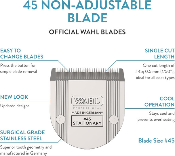 Wahl Professional Animal #45 Non-Adjustable Blade Arco, 5 Style Groom, Bravura, Chromado, Creativa & Figura 5-In-1 Pet, Dog & Horse Clippers (#41873-7190) Clipper Replacement Blades - Silver