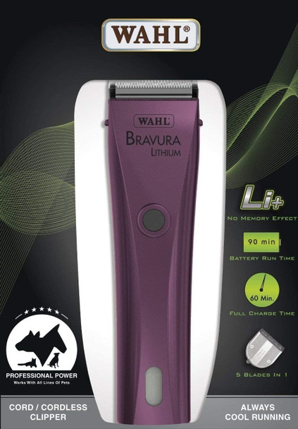 Wahl Professional Animal Bravura Lithium Powerful Motor Cord/Cordless Pet Clipper Kit (Purple) With Blade Brush Wahl Professional Animal Bravura Lithium Powerful Motor Cord/Cordless Pet Clipper Kit (Purple) With Blade Brush