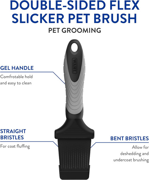 Wahl Professional Animal Double-Sided Flex Slicker Pet Brush For Dogs & Cats (#858478) - Durable Dog Pin Brush - For Bichon Frises, Collies & More - Dog & Cat Slicker Grooming Brush - Black & Gray