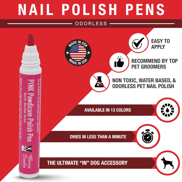 Warren London Pawdicure Dog Nail Polish Pens Made In Usa Quick Dry, Low Odor, Non-Toxic Dog Accessories Ideal For Dog Birthday, Dog Costume 13 Colors Pink Purp Red