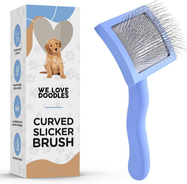Slicker Brush For Dogs, Dog Grooming Supplies - Best Doodle & Poodle Brush For Long Haired Dogs - Goldendoodle Long Pin Dentangler Brush For Dematting (Small Curved)
