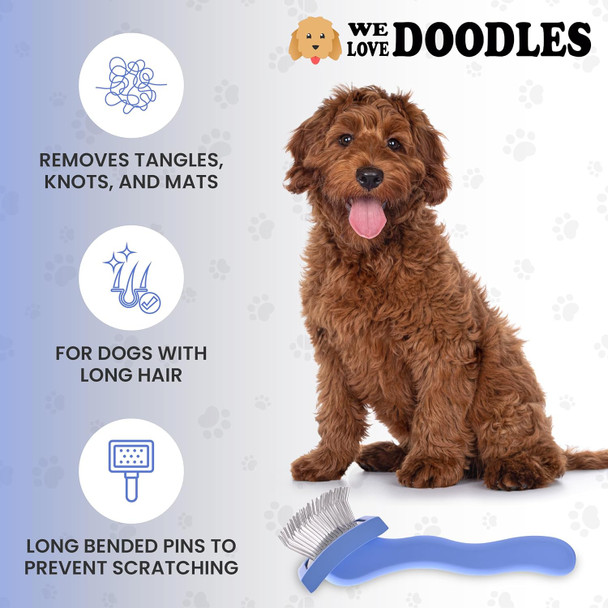 Slicker Brush For Dogs, Dog Grooming Supplies - Best Doodle & Poodle Brush For Long Haired Dogs - Goldendoodle Long Pin Dentangler Brush For Dematting (Small Curved)