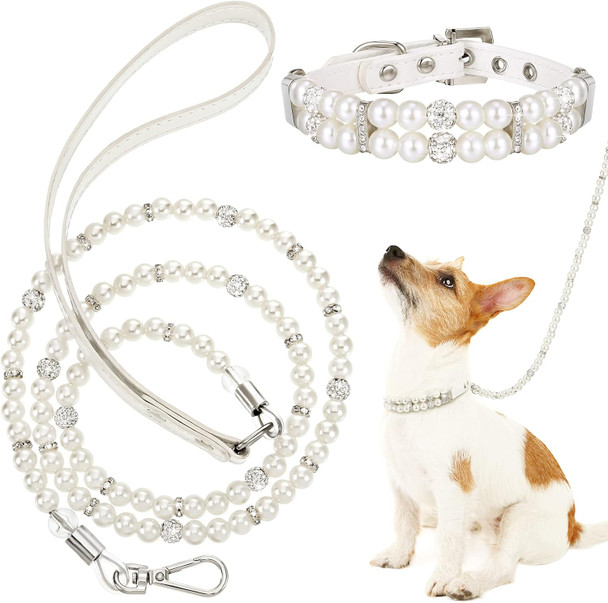 2 Pcs Pearl Collar And Leash For Dogs Set Including Dog Pearl Leash 2 Rows Pearls Pet Necklace Pu Leather Pearl Leash With Crystal Rhinestone Imitated Pearl Neck Strap(0.8 X 47.28 Inch) 2 Pcs Pearl Collar And Leash For Dogs Set Including Dog Pearl Leash 2 Rows Pearls Pet Necklace Pu Leather Pearl Leash With Crystal Rhinestone Imitated Pearl Neck Strap(0.8 X 47.28 Inch)