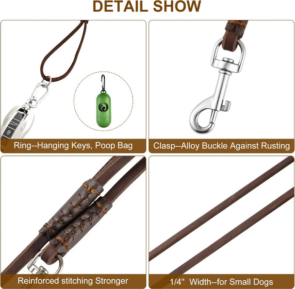 Genuine Leather Dog Leash, 6Ft Super Thin And Lightweight Dog Leash, Soft And Slim Pet Leashes For Puppies And Cats Less Than 15Lb