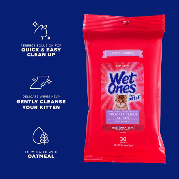 Wet Ones For Pets Delicate Clean Kitten Wipes For Cats With Oatmeal, 30 Ct - 8 PackCat Cleaning Wipes, Mild & Soothing Cat Grooming Wipes With Wet Lock Seal For Pet Grooming In Fresh Scent Wet Ones For Pets Delicate Clean Kitten Wipes For Cats With Oatmeal, 30 Ct - 8 PackCat Cleaning Wipes, Mild & Soothing Cat Grooming Wipes With Wet Lock Seal For Pet Grooming In Fresh Scent