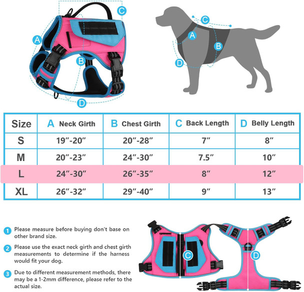 Wingoin Tactical Dog Harness For Large Dogs, No Pull Harness With Handle Pockets Poop Bag, Reflective Dog Vest, Military Service Heavy Duty Big Dog Harness For Walking Hiking Training, Pink Blue, L