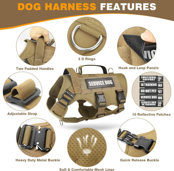 Winsee Tactical Dog Harness With Dog Leash, Service Working Molle Vest With 10 Pet Patches For Large Dog, No Pull Military Harness And Backpack For Training Hunting Walking