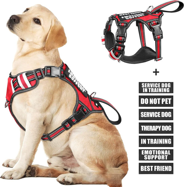 Winsee Service Dog Vest No Pull Pet Harness With 7 Dog Patches, Reflective With Durable Soft Padded Handle For Training Small, Medium, Large, And Extra-Large Dogs (Large, Red)