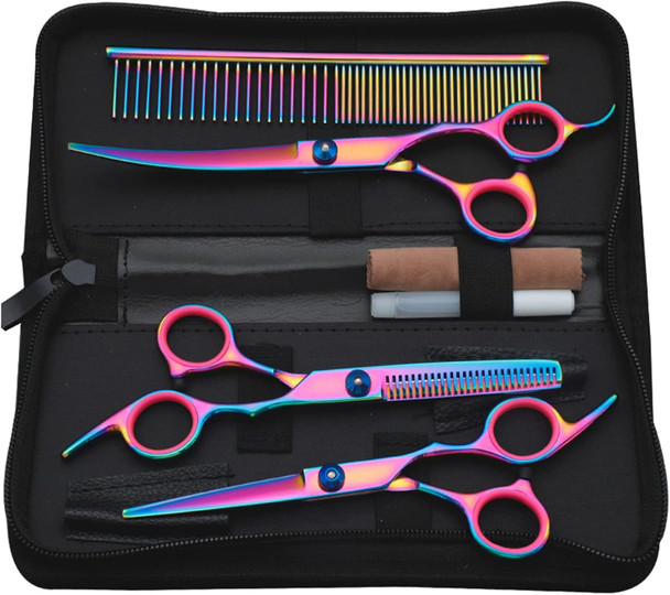 Pet Grooming Scissors Set, 7 In 1 Dog Grooming Scissors Set With Storage Box, Includes Straight & Thinning & Curved Scissors