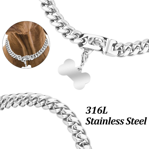 Strong Metal Dog Collars With Safety Buckle, 14Mm Wide Stainless Steel Cuban Link Chain Dog Collar Necklace For Small Medium Large Dogs