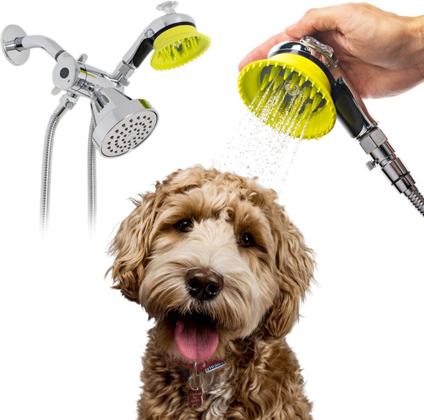 Quality Dog Wash Kits For Shower With Splash Guard Handle And Rubber Grooming Teeth. Regular And Deluxe Versions Available. (Deluxe Indoor Shower Kit & Garden Hose Attachment)