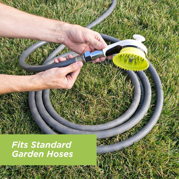 Outdoor Dog Wash Garden Hose Nozzle For Bathing And Quick Paw Rinses. Splash Shield Handle And Rubber Grooming Brush. Metal Connection. Swivels On Hose With Water Pressure Control.