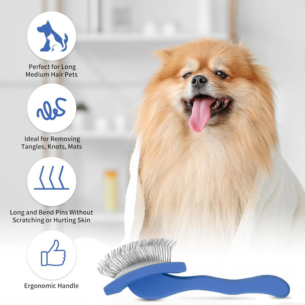 Dog Slicker Brush For Grooming Hair, Long Pin Brush For Shedding Medium & Long Haired Cats, Professional Tools For Removes Loose Fur, Tangles, Knots, Undercoat - Large, Blue - Pet Comb