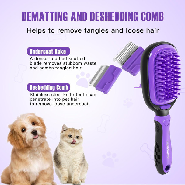 5 In 1 Pet Grooming Kit For Long Short Haired Dogs & Cats. Dog Brush Set For Small & Large Breeds. Gentle Detangling, Smoothing, Relaxation, Tangle Removal & Shedding Control. Purple