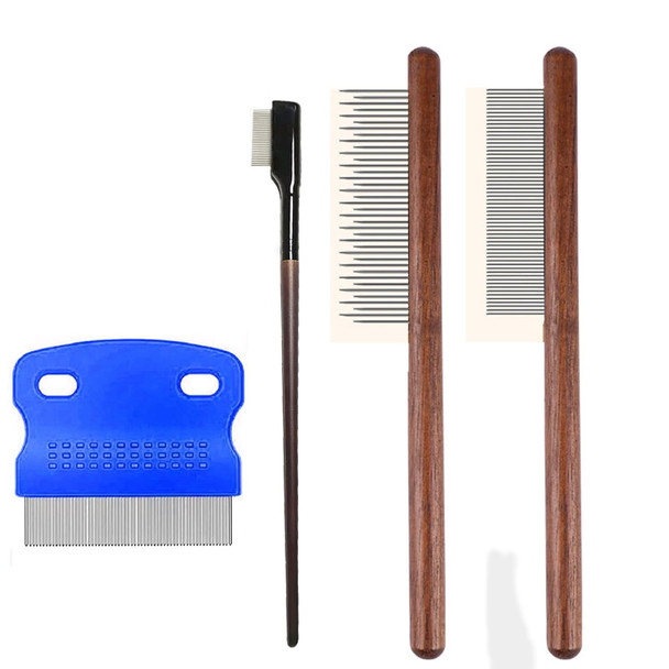 4 Pcs Pets Grooming Solid Wood Comb Kit, Stainless Steel Comb With Rounded Teeth, Tear Stain Remover Comb For Small Dogs Puppies, Gently Removing Eye Mucus And Crust (Blue)