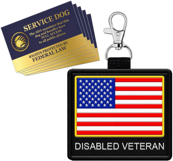 Disabled Veteran - Clip On Identification Patch Tag - Includes Five Service Dog Handout Cards - Clips Onto A Service Dog Vest, Harness, Collar, Leash Or Carrier
