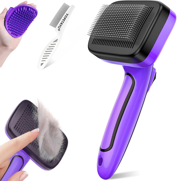 Dog Brush Kit For Shedding Short & Long Haired Cats, Self Cleaning Slicker Brush For Small Medium & Large Animals, Puppy. 3 In 1 Pet Grooming Set, Purple