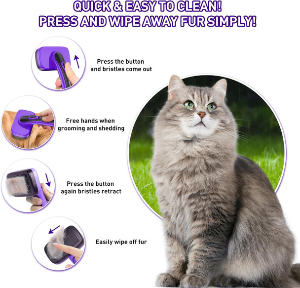 Dog Brush Kit For Shedding Short & Long Haired Cats, Self Cleaning Slicker Brush For Small Medium & Large Animals, Puppy. 3 In 1 Pet Grooming Set, Purple
