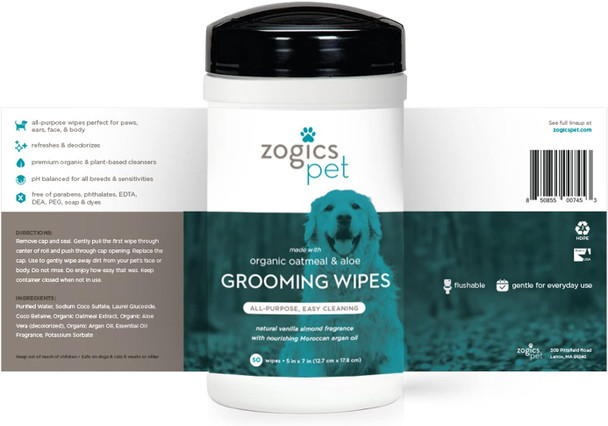 Multi-Purpose Dog Grooming Wipes With Organic Oatmeal & Aloe - Thick, Hypoallergenic Wipes For Spot Cleaning And Between Baths (50 Wipes)