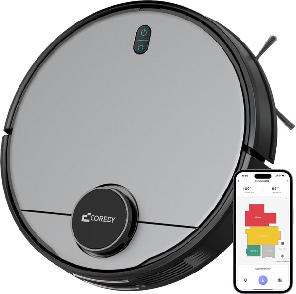 Coredy Sl200 Robot Vacuum, Cuttingedge Laser Navigation, 2600Pa Turbo Suction, 450Ml Dustbin, 120Mins Runtime, Mapping X 5, Wifialexa Robotic Vacuum Cleaner, Cleans Floors And Carpets, Pets Hair