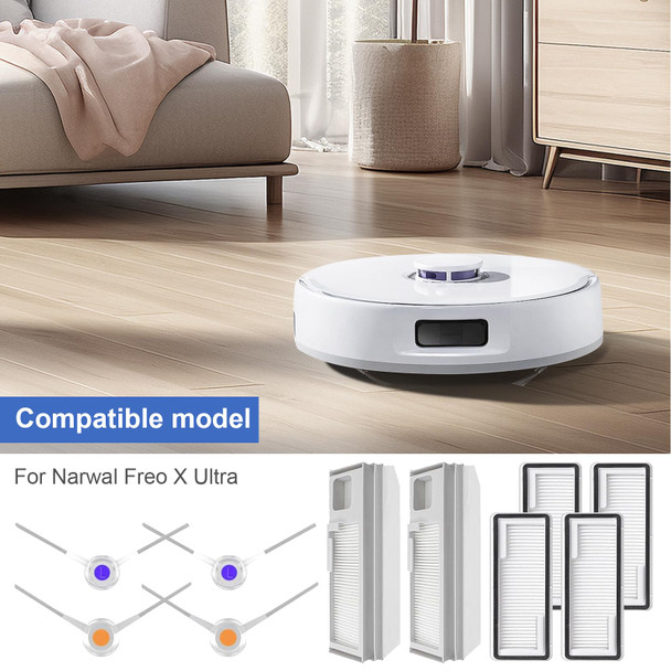 10 Pcs Accessories Kit For Hnarwal Freo X Ultra, Narwal Freo X Plus Robot Vacuum Cleaner Spare Parts, 4 Side Brushes + 4 Filters + 2 Dust Bags