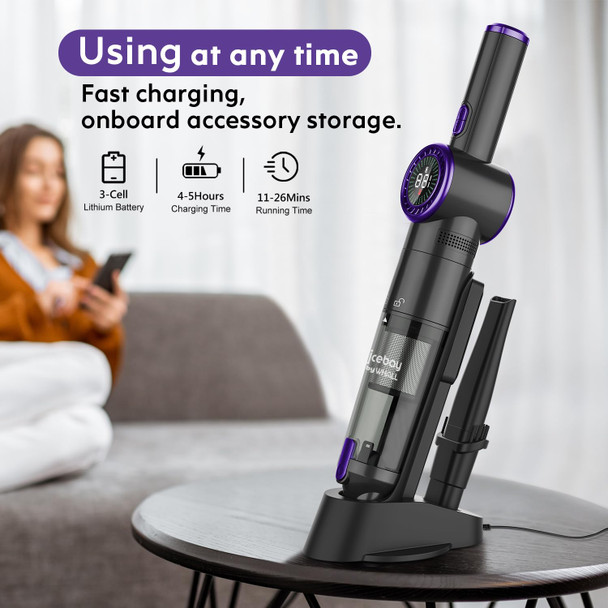 Nicebay Cordless Handheld Vacuum Cleaner, 15Kpa Strong Suction Portable Hand Vacuum Cleaner, Led Display Car Vacuum Cleaner, Fast Charging Dock, Rechargeable Handheld Vacuum Black & Purple