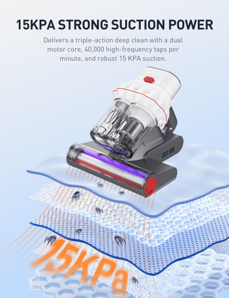 Bed Vacuum Mattress Cleaner 15Kpa Mattress Vacuum With Dust Gradient Indicator, Uv Light & Ultrasonic, 99.9 Allergen Removal, Dual Dust Cups Handheld Couch Cleaner Machine