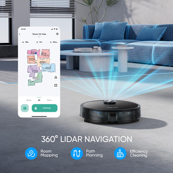 Tesvor S5 Max Robot Vacuum And Mop Combo, 6000Pa Suction Robotic Vacuum Cleaner, Lidar Navigation,5200Mah,260Mins Runtime, 10 Nogo&Nomop Zones, Smart Mapping,Perfect For Pet Hair And Hard Floor Tesvor S5 Max Robot Vacuum And Mop Combo, 6000Pa Suction Robotic Vacuum Cleaner, Lidar Navigation,5200Mah,260Mins Runtime, 10 Nogo&Nomop Zones, Smart Mapping,Perfect For Pet Hair And Hard Floor