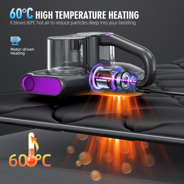 Uniqus Mattress Vacuum Bed Vacuum Cleaner With Uv 16Kpa Suction Hepa Filter 253.7Nm Uvc Light & 30000 Rpmmin Brushroll Rotation & Heating & Ultrasonic Quintuple Tech, Widened Suction Port, 500W, Corded