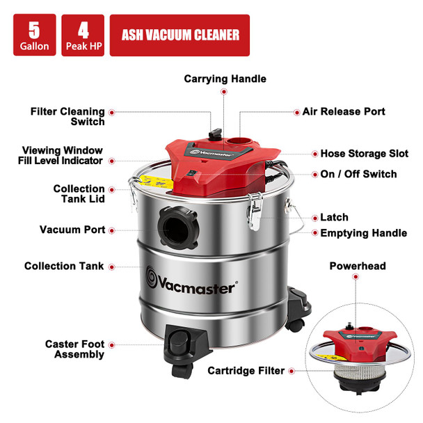 Vacmaster Eav508S 1101 5Gallon 8 Amp Ash Vacuum Cleaner Stainless Steel Tank With Hepa Filter & Hose Accessories, 5 Gal, Red Vacmaster Eav508S 1101 5Gallon 8 Amp Ash Vacuum Cleaner Stainless Steel Tank With Hepa Filter & Hose Accessories, 5 Gal, Red