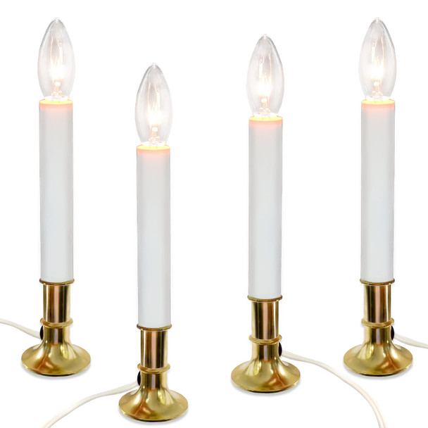 Abeja 4 Pack Christmas Electric Window Candle Lights with Gold Base, Dusk to Dawn Candle Lamps with 7W E12 Base Incandescent Bulbs Plug in Candle Lights for Window Lights Decor Party Xmas Table Top