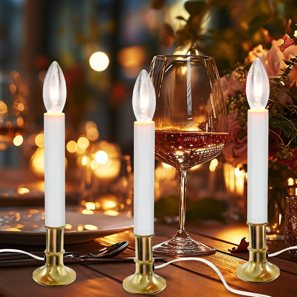 Abeja 4 Pack Christmas Electric Window Candle Lights with Gold Base, Dusk to Dawn Candle Lamps with 7W E12 Base Incandescent Bulbs Plug in Candle Lights for Window Lights Decor Party Xmas Table Top