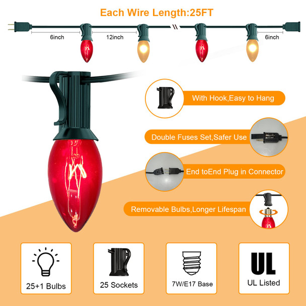 Abeja 25Ft Christmas Lights Outdoor, C9 Clear Red/Frosted White Christmas Lights with 26 Colored Ceramic Incandescent Bulbs, Vintage Christmas Lights for Christmas Party Backyard Decoration