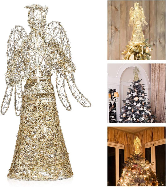 ABOOFAN Angel Christmas Tree Topper Gold Glitter Christmas Treetop Decoration Coated Metal Angel Xmas Tree Topper Ornaments for Holiday Home Office Shopping Mall Decor